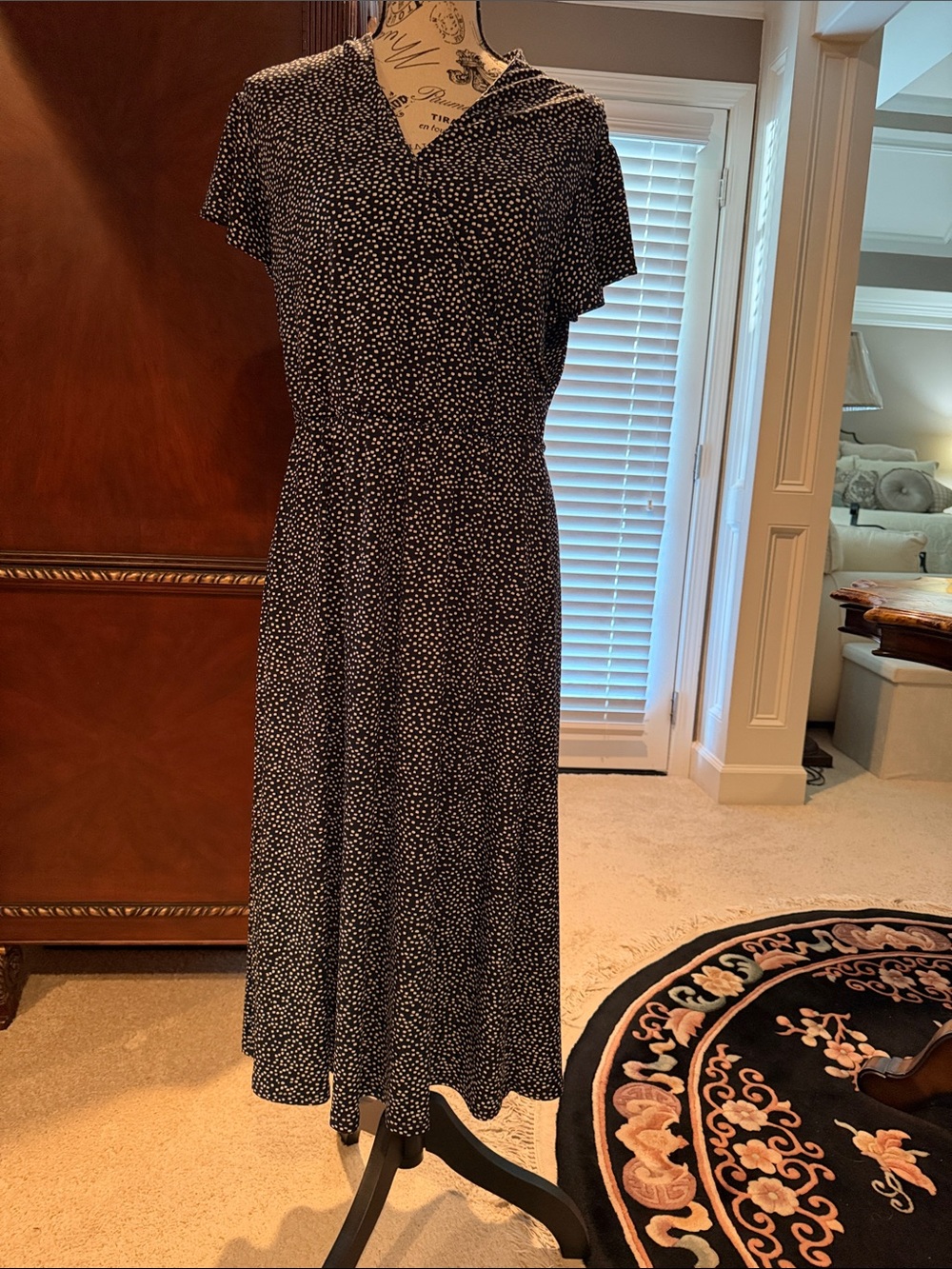 Adrianna Papell Black with White Dot V-Neck Midi Dress